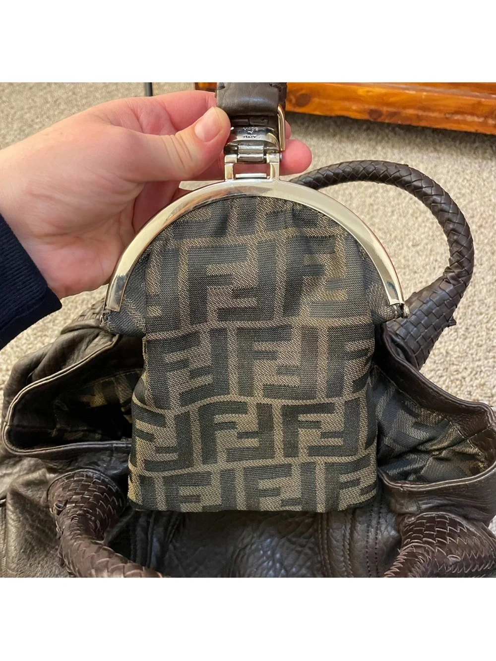 Fendi Brown gold Braided-Handle Leather Shoulder authentic spy Bag